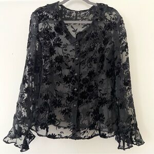 Black Floral Velvet Burnout Blouse Size XL Sheer Ruffle Whimsigoth Fairygrunge